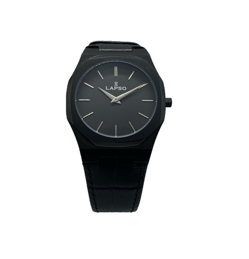 Reloj Negro con 2 manecillas plateadas y dial negro - Correa de piel negra