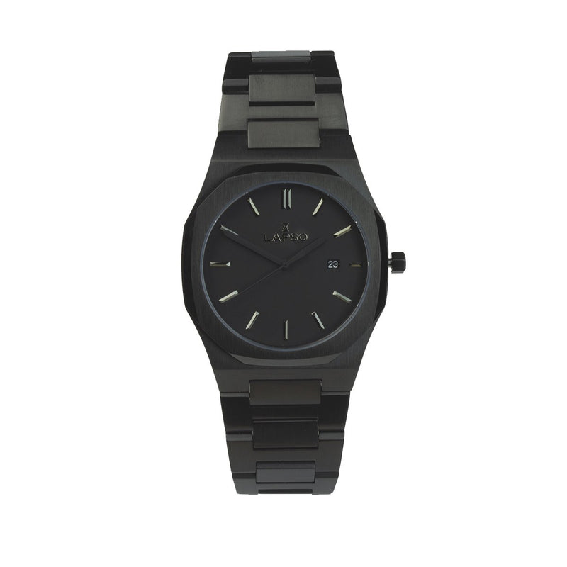 Reloj negro con 3 manecillas negras y dial negro con fecha